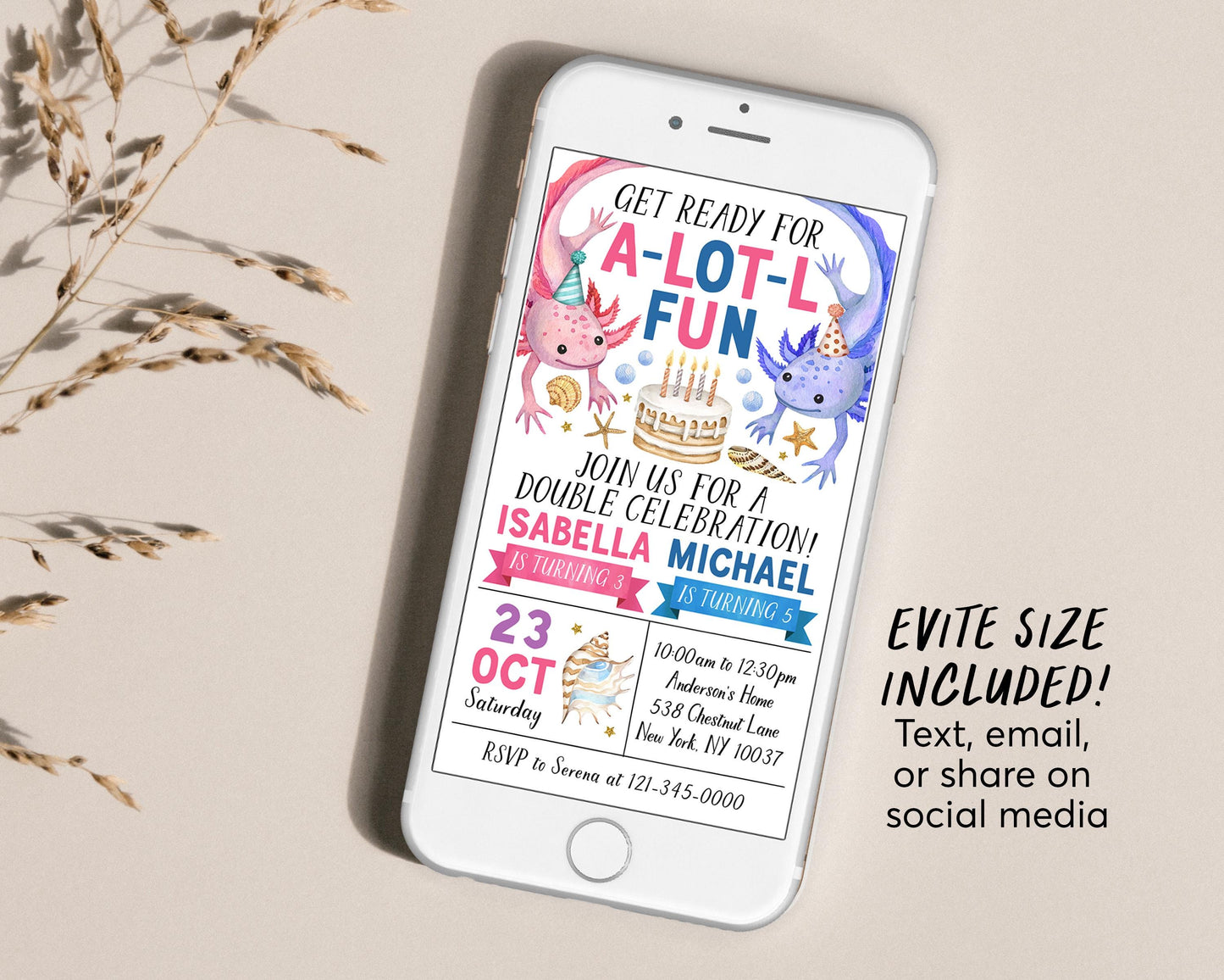 Axolotl Joint Siblings Birthday Invitation Editable Template, Boy Girl Twins Axolotl Alotl Fun Party Invite, Under The Sea Evite Seashells