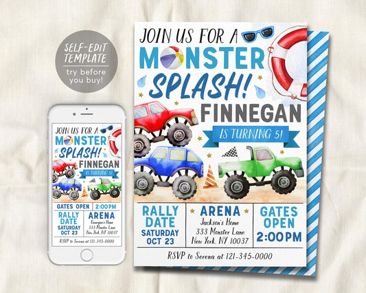 Monster Splash Pool Birthday Invitation Editable Template