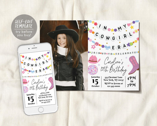 In My Cowgirl Era Birthday Invitation With Photo Editable Template