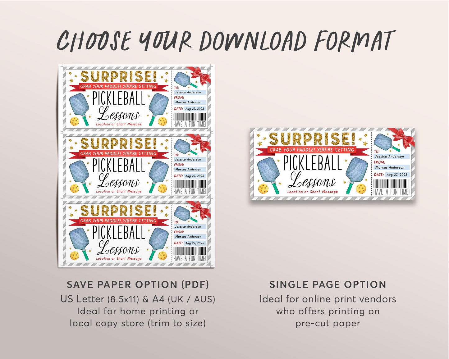 Pickleball Lessons Gift Certificate Editable Template, Surprise Pickle Ball Classes Voucher, Pickleball Lover Gift Idea Experience Coupon