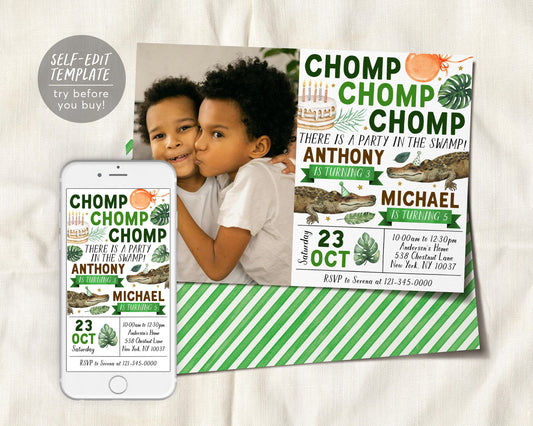 ocodile Joint Siblings Birthday Invitation With Photo Editable Tem