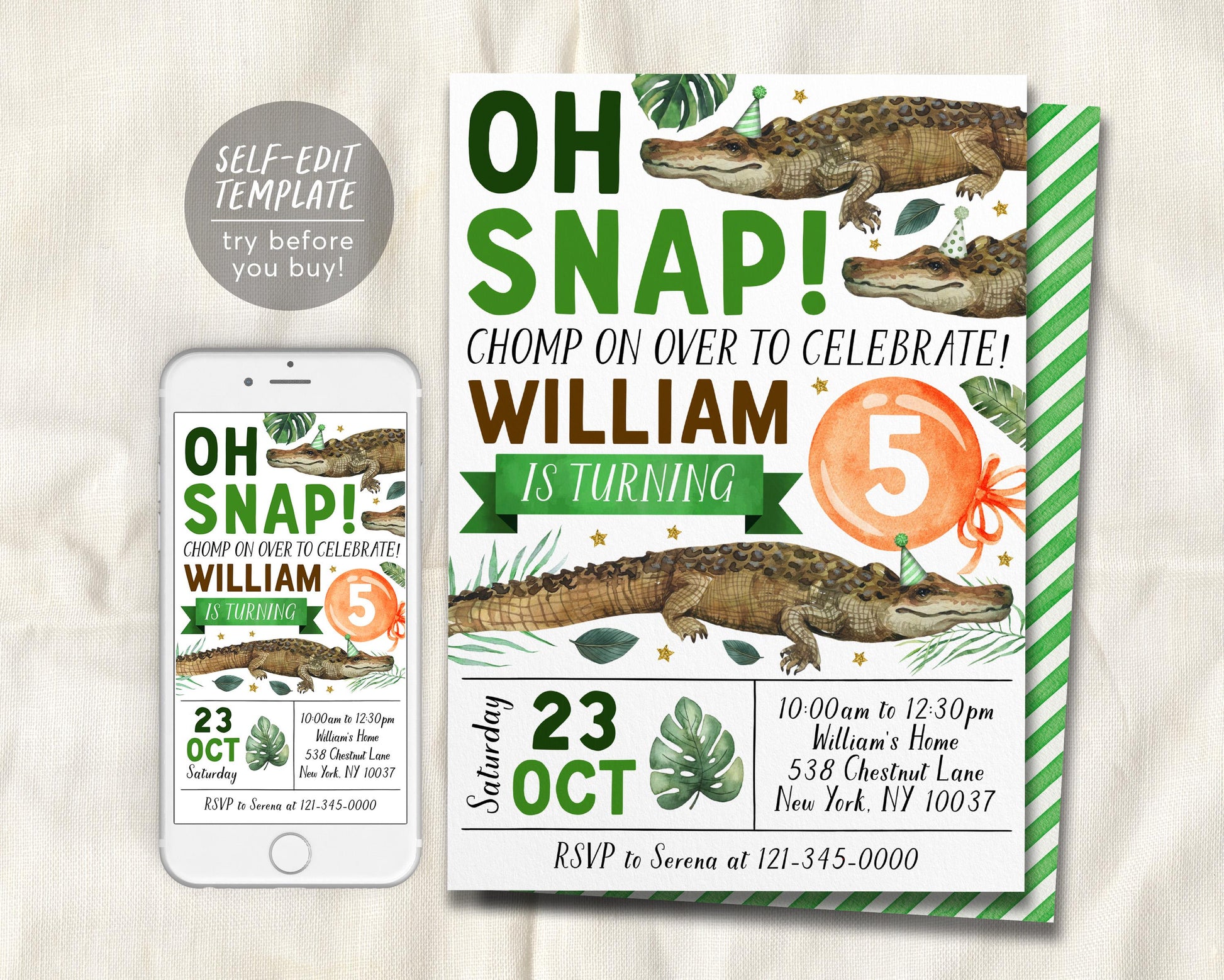 Crocodile Birthday Invitation Editable Template