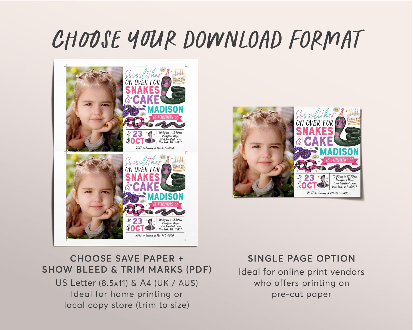 Snake Birthday Invitation With Photo Editable Template, Girl Snake And Cake Nature Theme Party Invite, Slither On Over Floral Daisy Evite