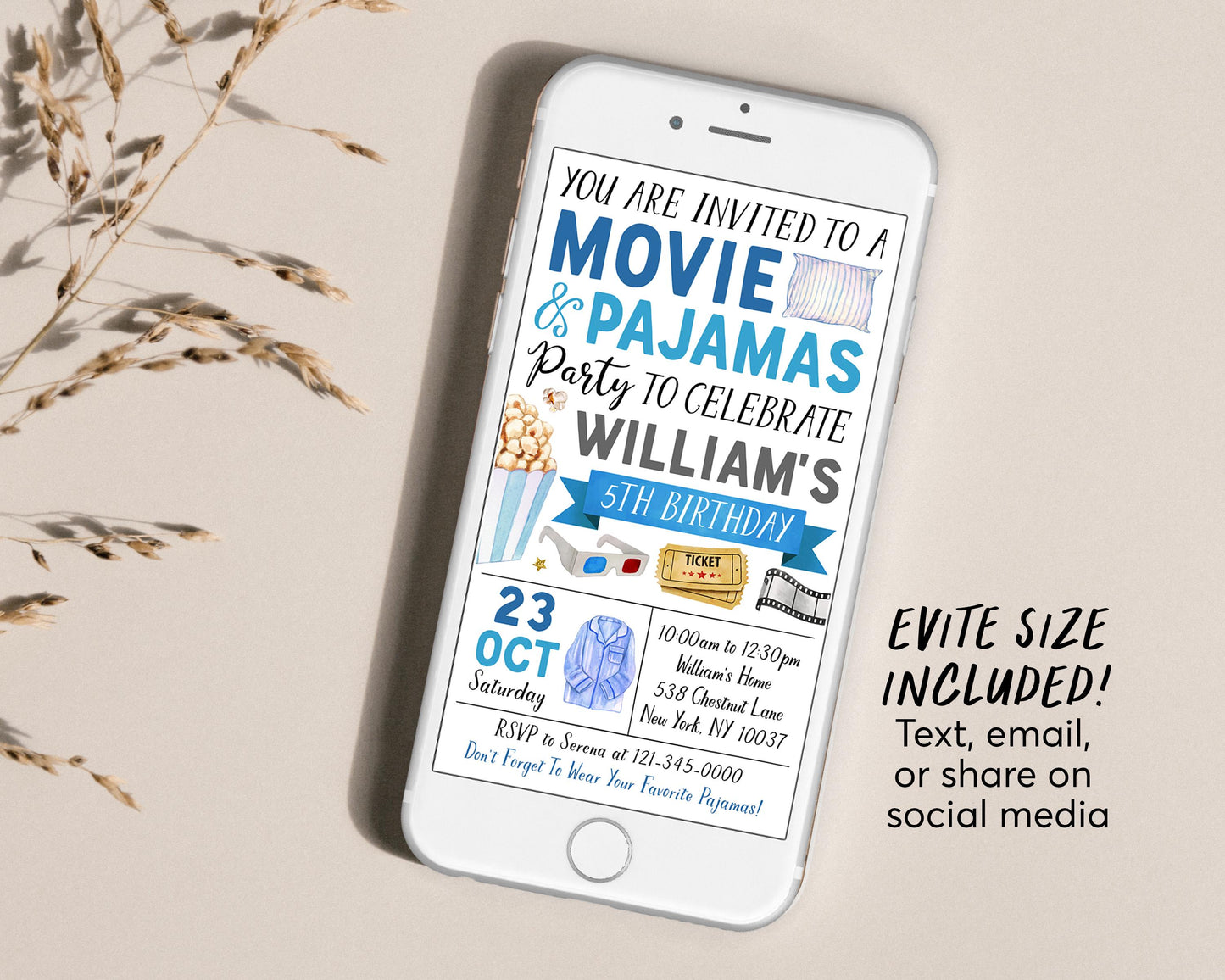 Movie and Pajamas Birthday Invitation Editable Template, Boy Slumber Party Popcorn Cinema Movie Ticket Invite, Sleepover Kids Party Evite