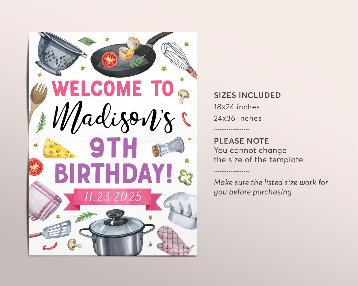 Cooking Birthday Party Welcome Sign Editable Template, Girl Little Chef Baking Party Poster, Kids Cooking Class Chef Kitchen Banner Decor