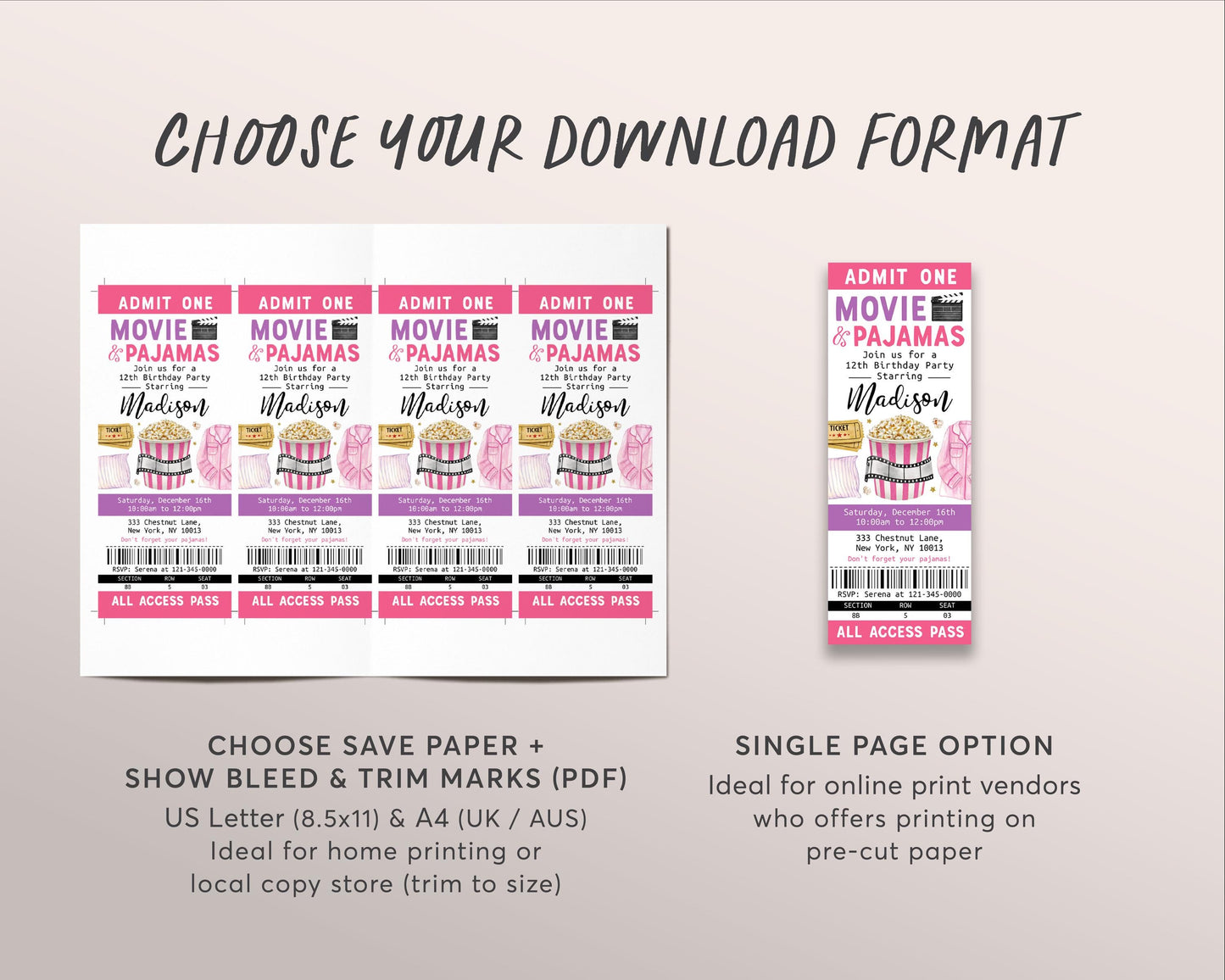 Movie and Pajamas Birthday Ticket Invitation Editable Template, Girl Kids Slumber Party Popcorn Cinema Movie Ticket Stub Party Invite Evite