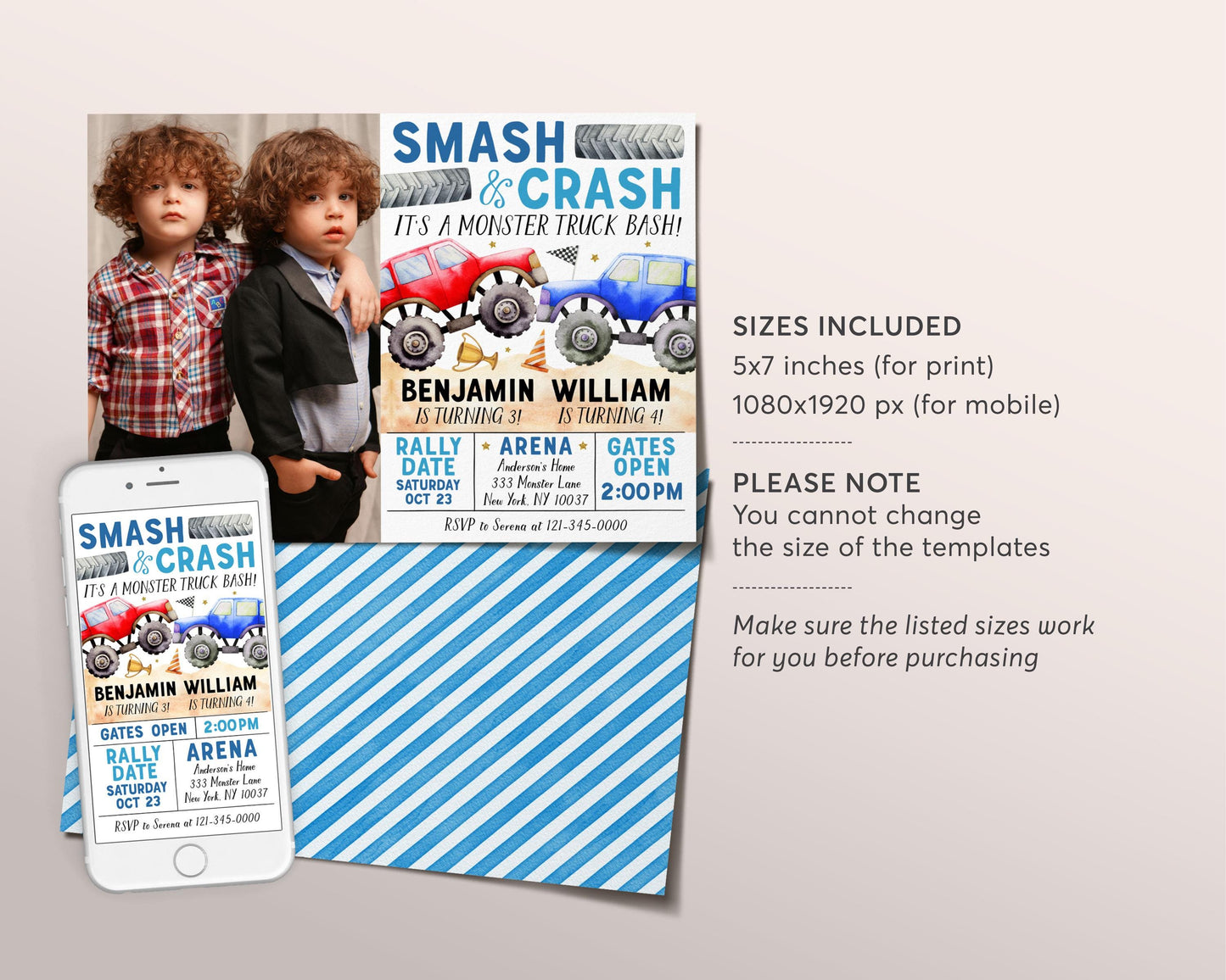 Monster Truck Joint Siblings Birthday Invitation With Photo Editable Template, Boy Twins Smash And Crash Party Invite, Monster Truck Evite