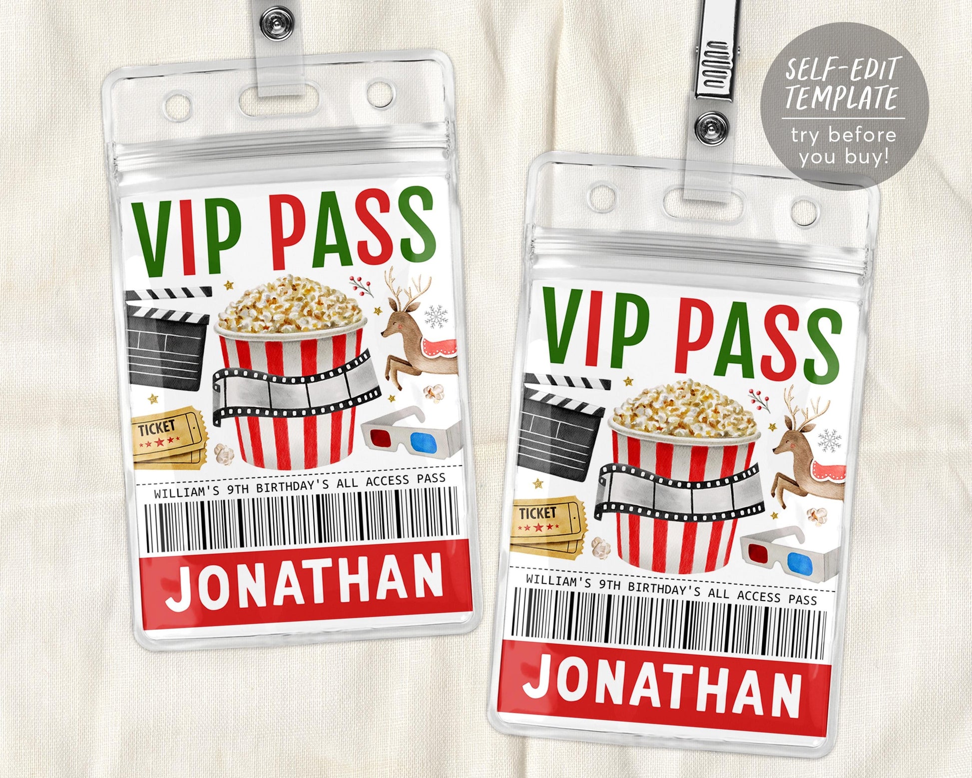 Christmas Movie Night VIP Pass Editable Template