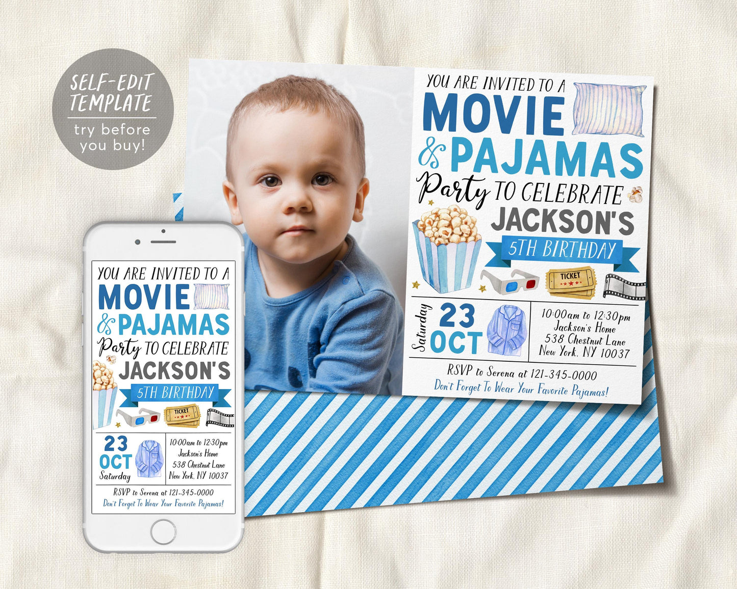 Movie and Pajamas Birthday Invitation With Photo Editable Template