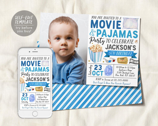 Movie and Pajamas Birthday Invitation With Photo Editable Template