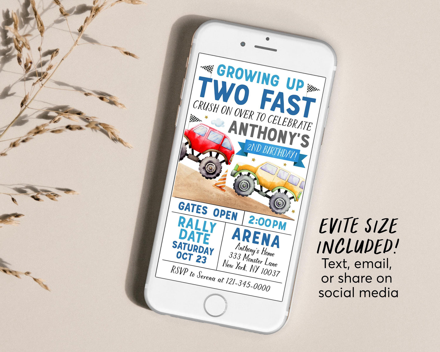 Monster Truck 2nd Birthday Invitation Editable Template, Growing Up Two Fast Party Bash Invite, Crush On Over Second Birthday Evite