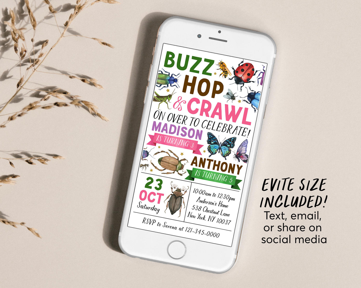 Insect Bugs Joint Siblings Birthday Invitation Editable Template, Twins Girl Boy Buzz Hop Crawl Party Invite, Kids Bug Hunt Garden Evite