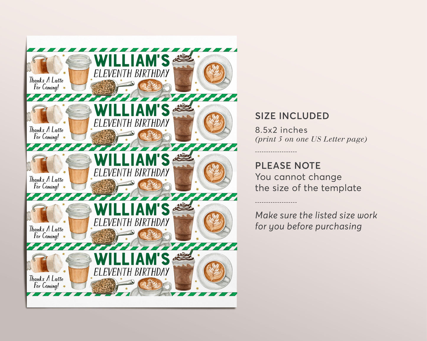Coffee Shop Water Bottle Labels Editable Template, Latte Fun Frappy Birthday Party Bottle Wrapper Drink Tags, Cafe Frappuccino Frappe Wrap