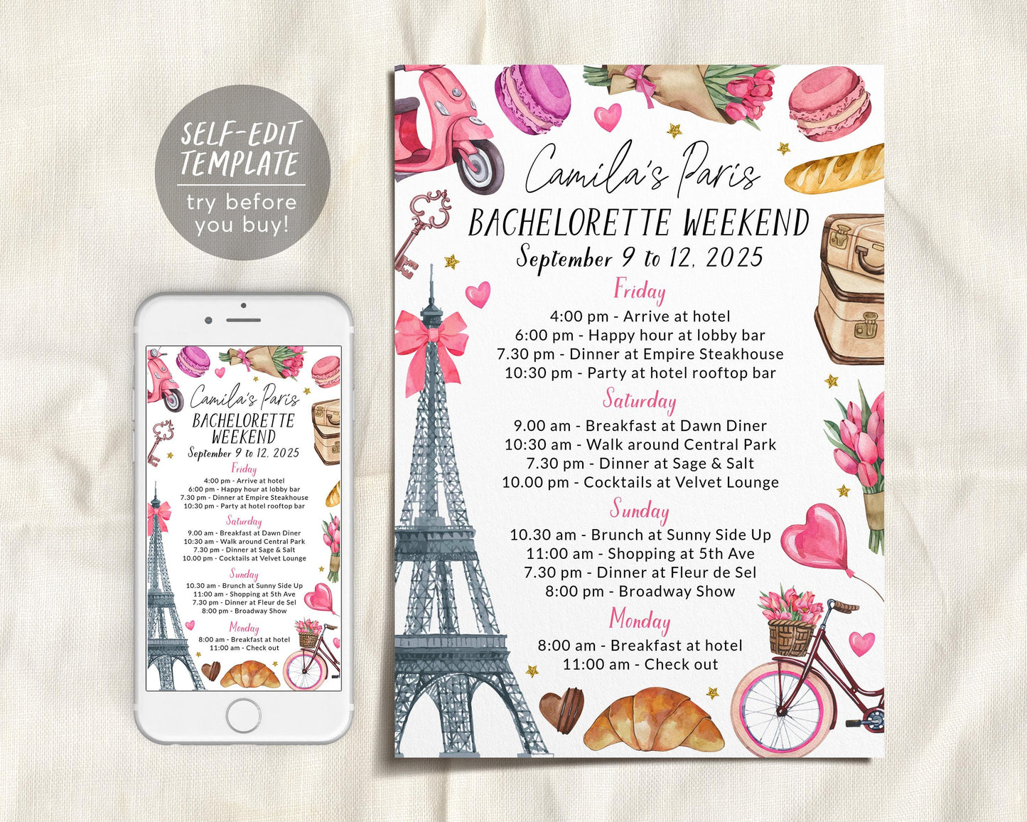 Paris Bachelorette Itinerary Editable Template
