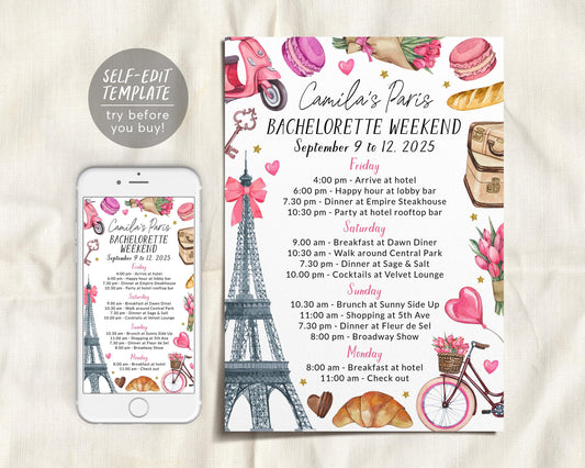 Paris Bachelorette Itinerary Editable Template