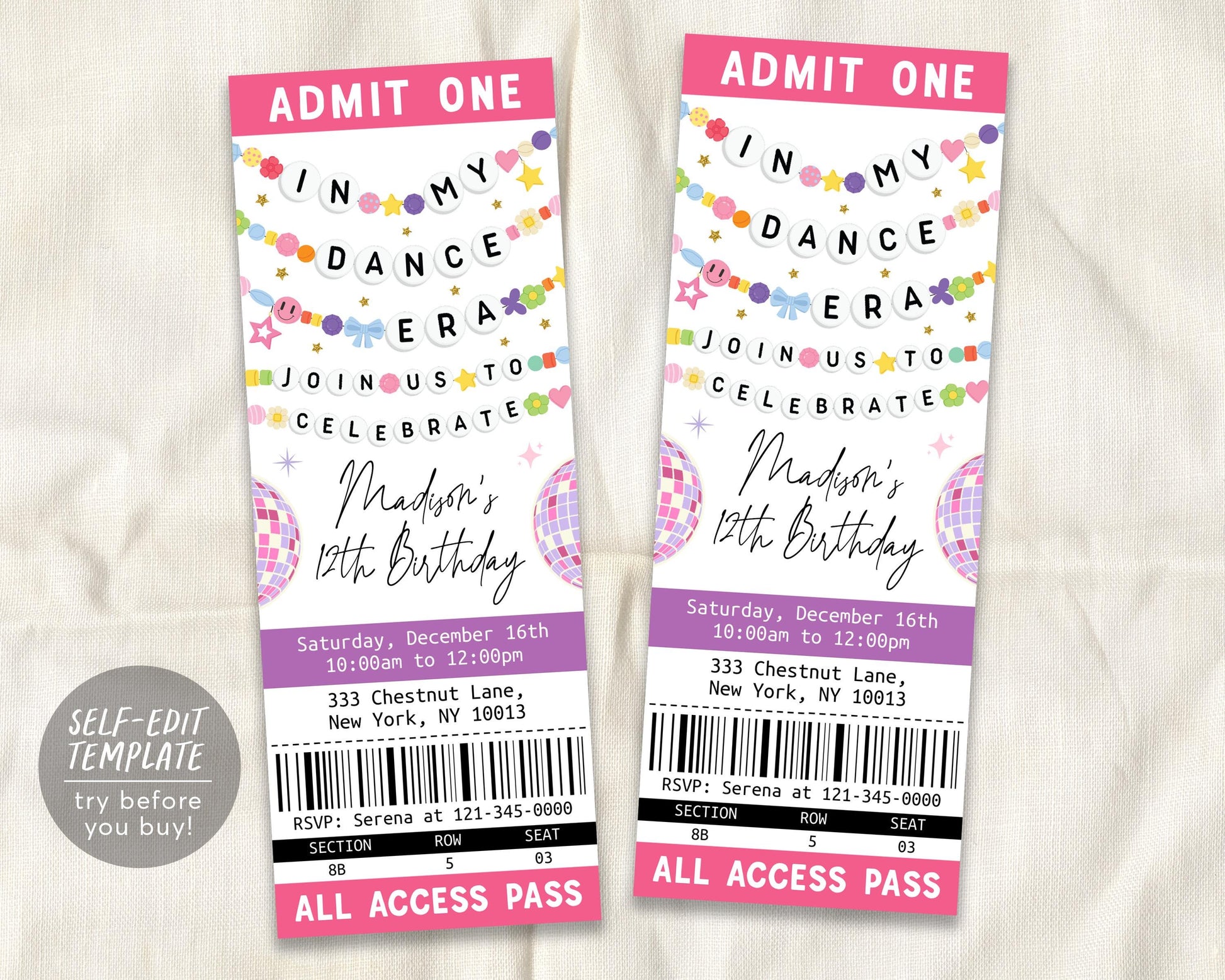 In My Dance Era Ticket Invitation Editable Template
