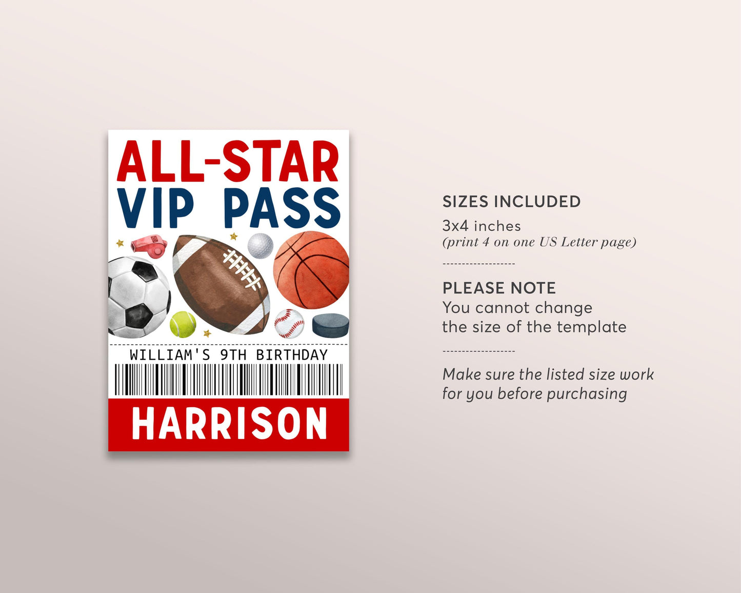 Sports Birthday All Star VIP Pass Editable Template, It's Game Time Party All Access Pass, Baseball Football Name Insert ID Badge Lanyard