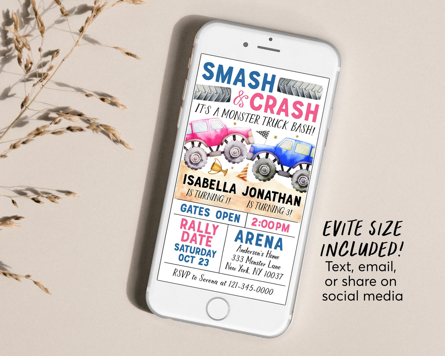 Monster Truck Joint Siblings Birthday Invitation Editable Template, Boy Girl Twins Smash And Crash Party Invite, Monster Truck Bash Evite