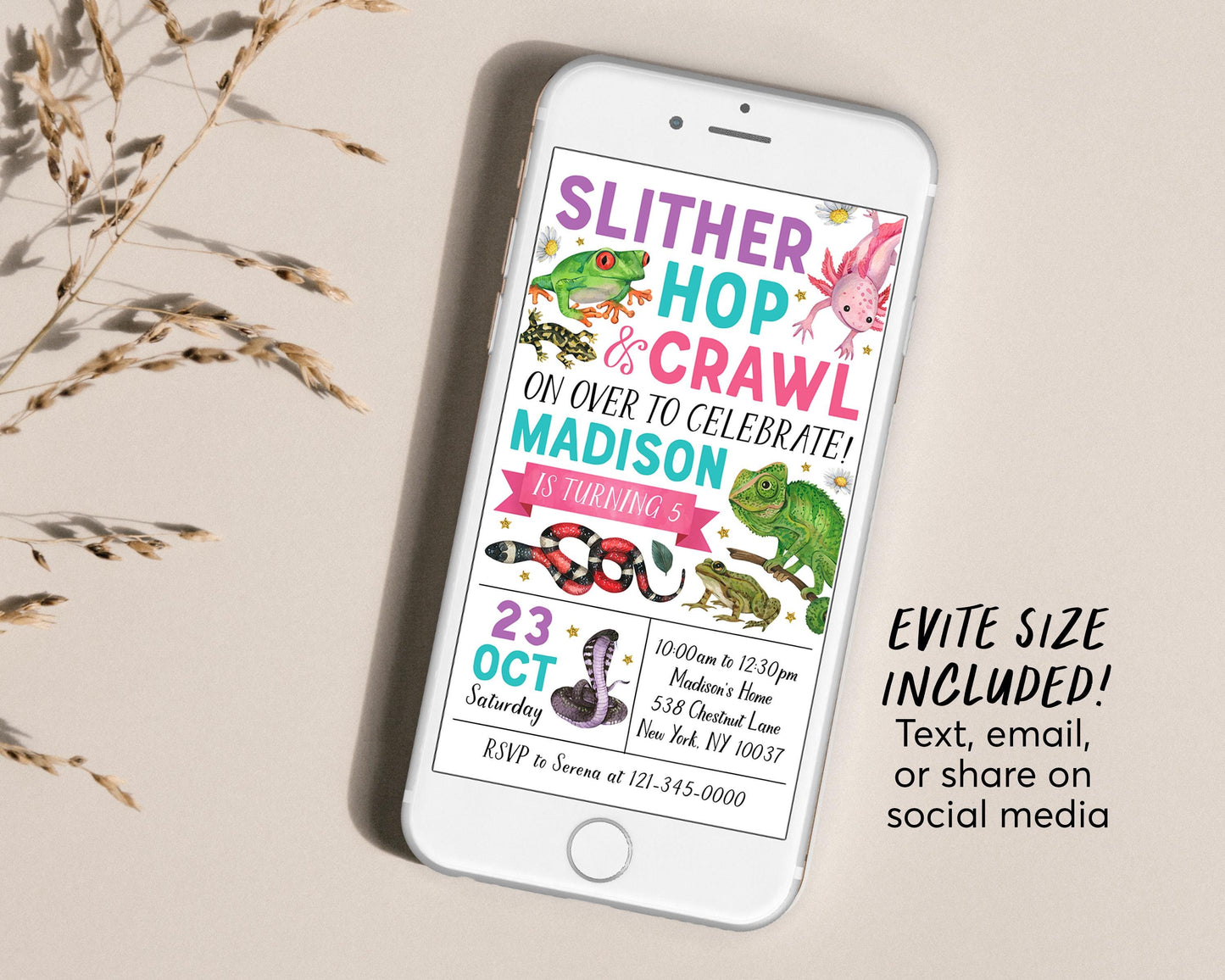 Reptile Birthday Invitation Editable Template, Girl Slither Hop Crawl Party Invite, Kids Reptiles Creepy Crawly Nature Theme Outdoor Evite
