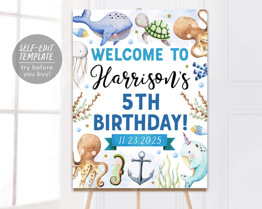 Under The Sea Birthday Welcome Sign Editable Template