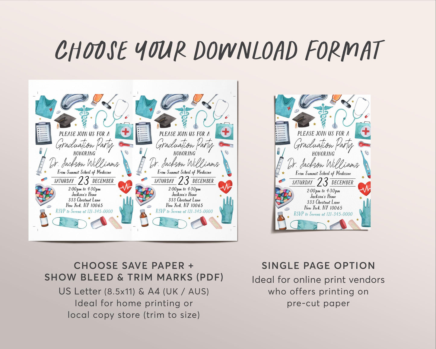 Doctor Graduation Invitation Editable Template, Medical School Grad Announcement Party Invite Men or Women, Physician MD DR Pharmacist Evite