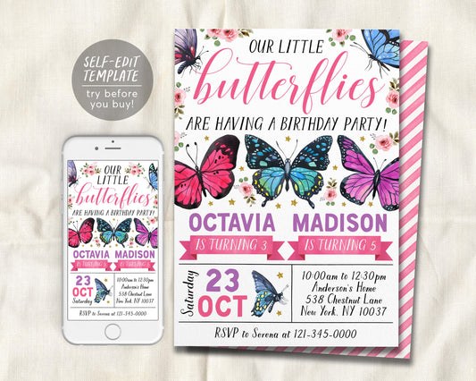 Butterfly Joint Siblings Birthday Invitation Editable Template