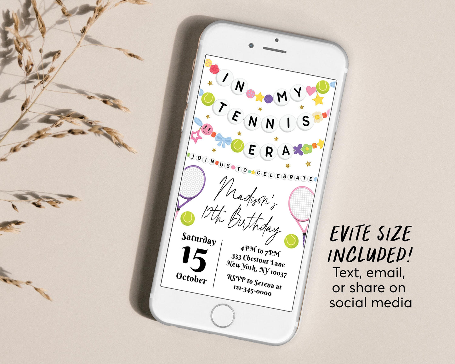 In My Tennis Era Birthday Invitation Editable Template, Tennis Friendship Bracelet Party Invite, Sports Game Day Match Tournament Eras Evite