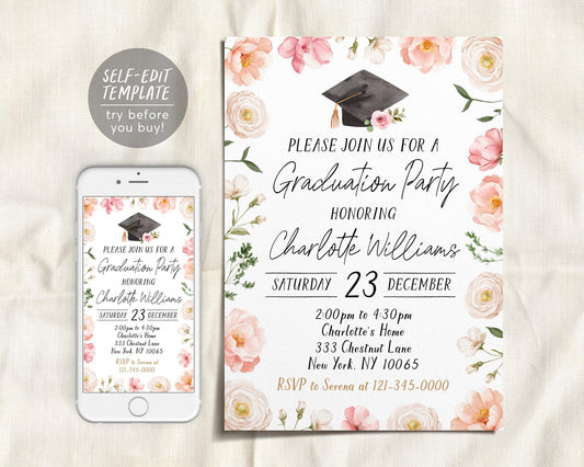 Graduation Floral Invitation Editable Template