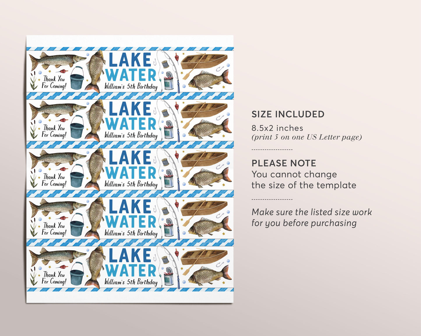 Fishing Water Bottle Labels Editable Template, Boy O-Fish-Ally One Birthday Party Drink Wrapper Tags, Lake Water Reel Fisherman Bottle Wraps