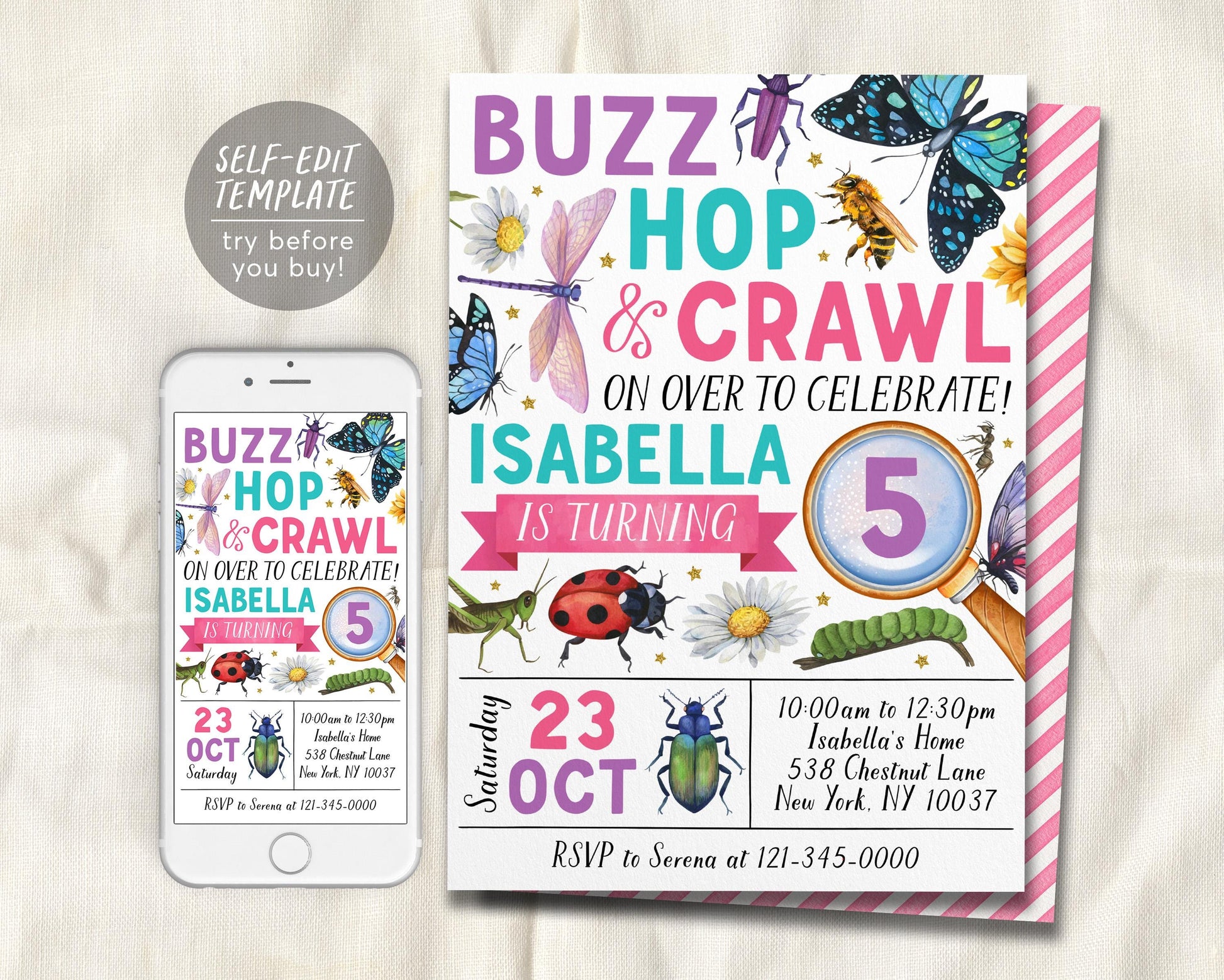Insect Bugs Birthday Invitation Editable Template