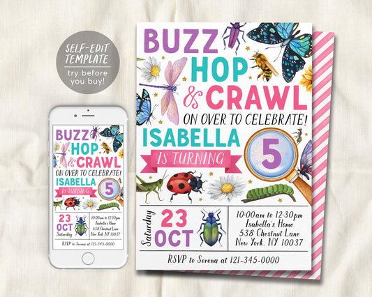 Insect Bugs Birthday Invitation Editable Template