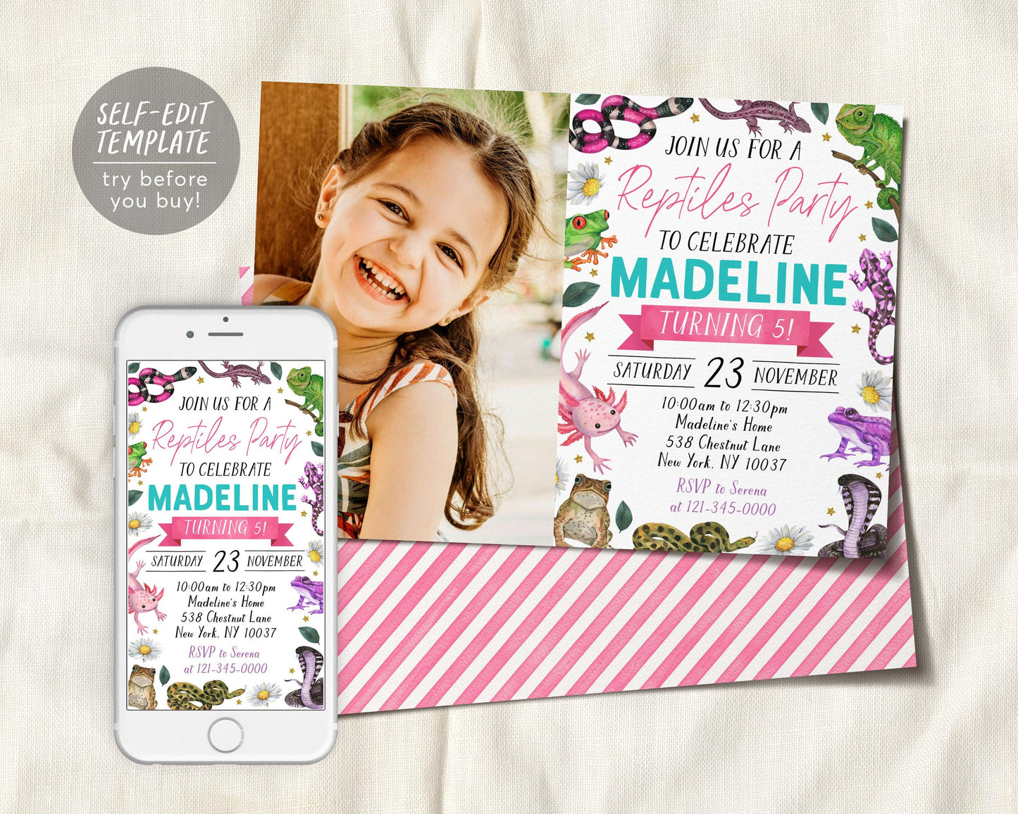 Reptiles Birthday Invitation With Photo Editable Template