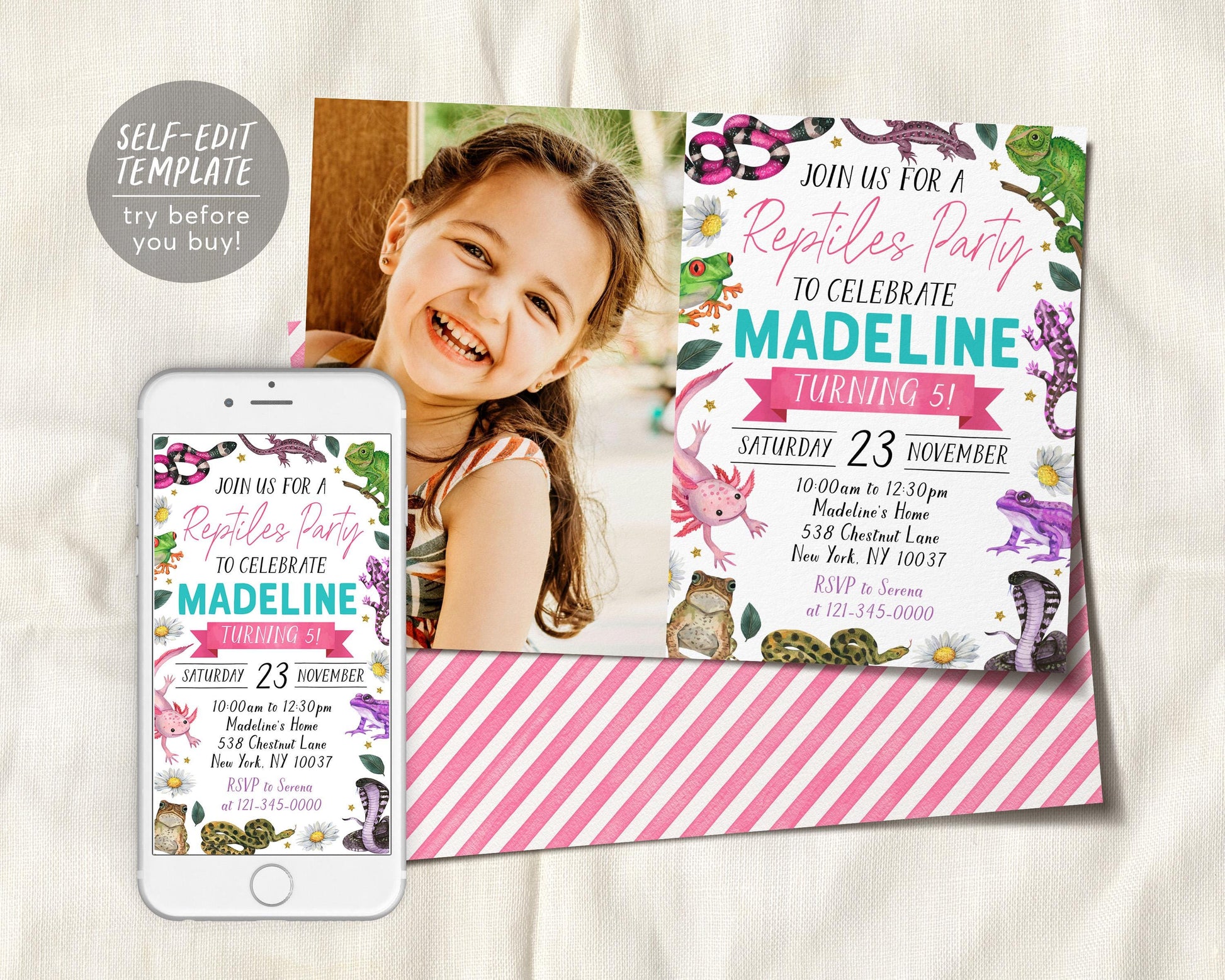Reptiles Birthday Invitation With Photo Editable Template