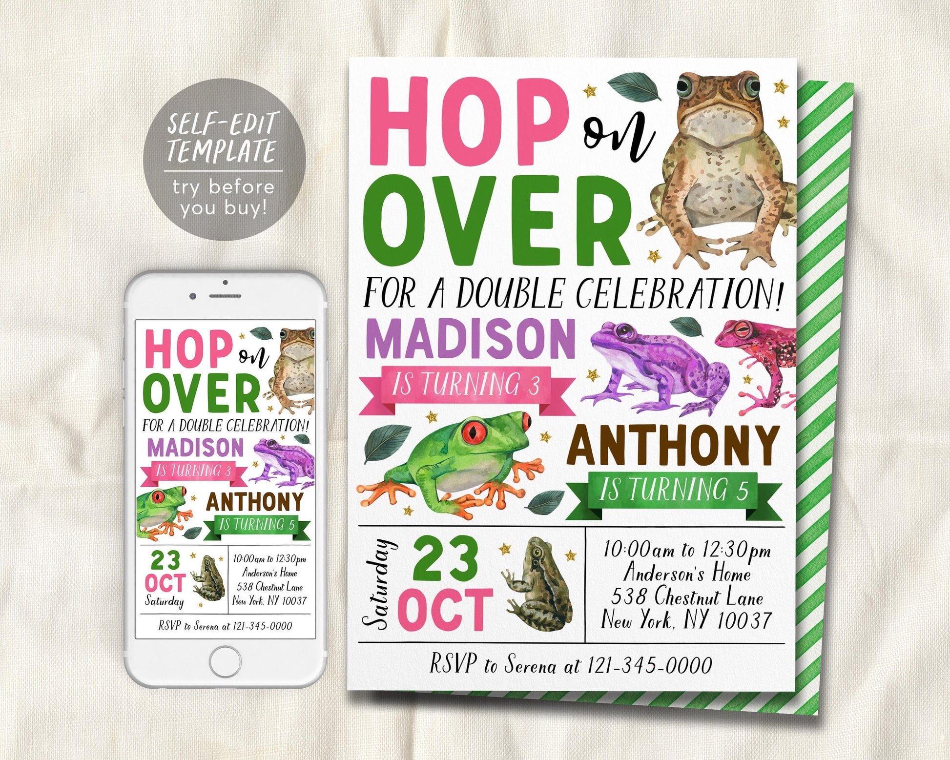 Frog Joint Siblings Birthday Invitation Editable Template