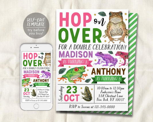 Frog Joint Siblings Birthday Invitation Editable Template