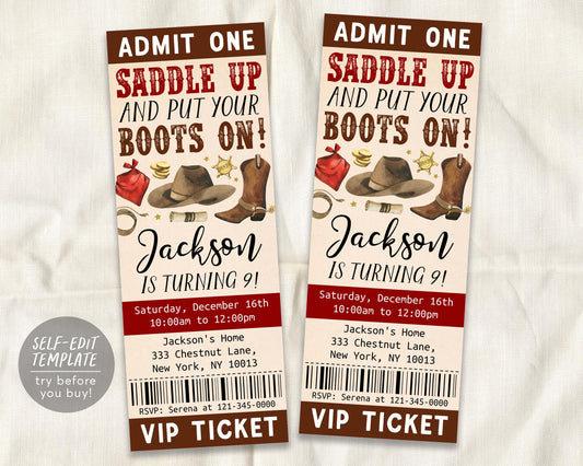 Rodeo Birthday Ticket Invitation Editable Template