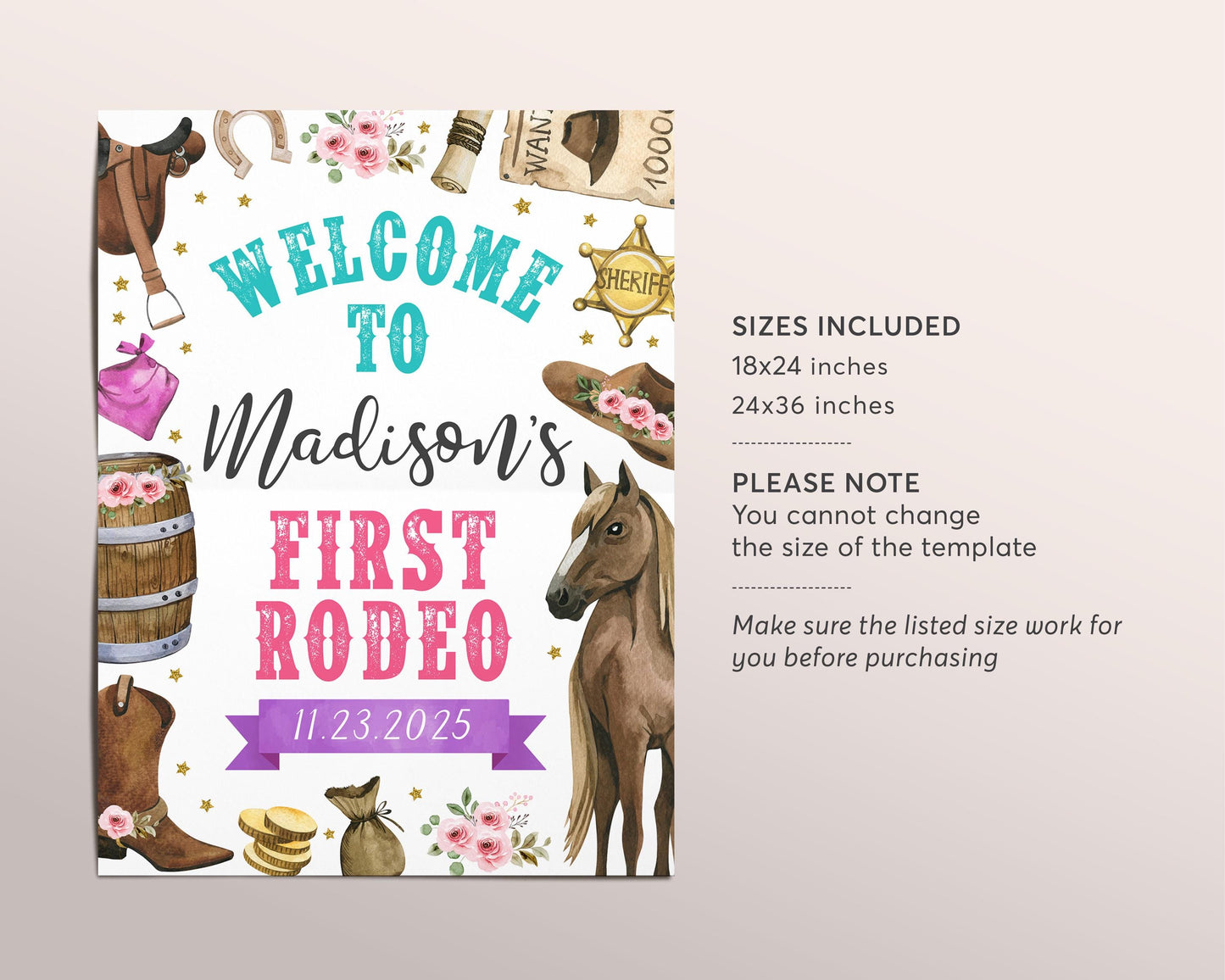 First Rodeo Birthday Welcome Sign Editable Template, Girl 2nd Third Rodeo Cowboy Hat Western Wild West Birthday Party Southwestern Poster