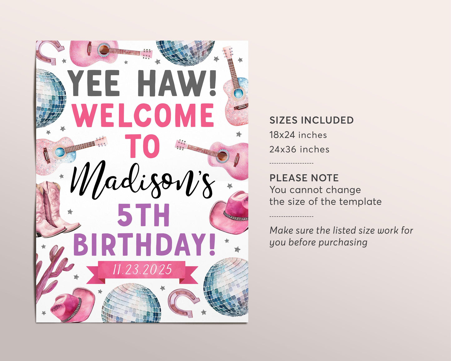 Space Cowgirl Birthday Welcome Sign Editable Template, Girl First Rodeo Disco Cowboy Hat Western Wild West Yee Haw Birthday Party Poster