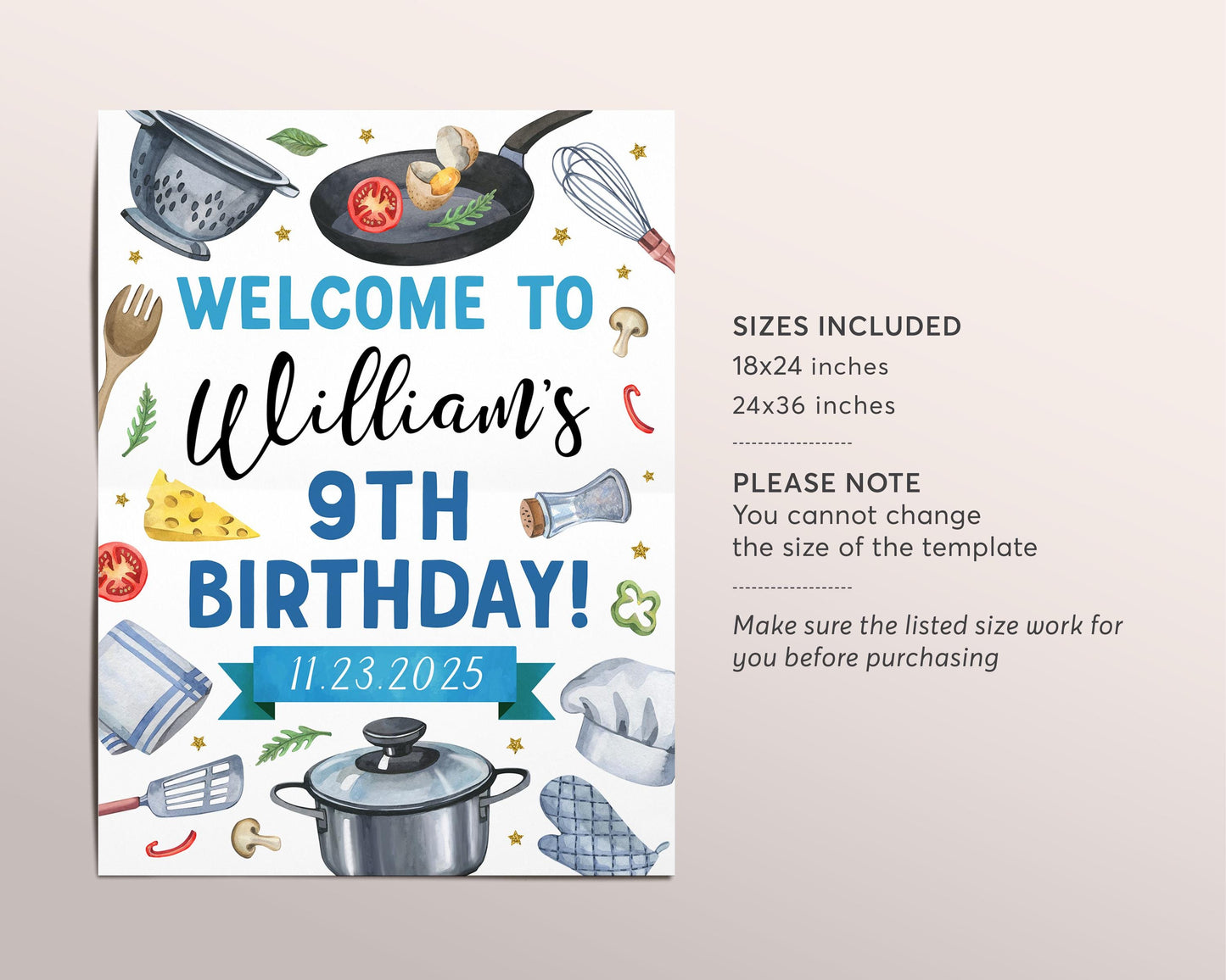 Cooking Birthday Party Welcome Sign Editable Template, Boy Little Chef Baking Party Poster, Kids Cooking Class Chef Kitchen Banner Decor