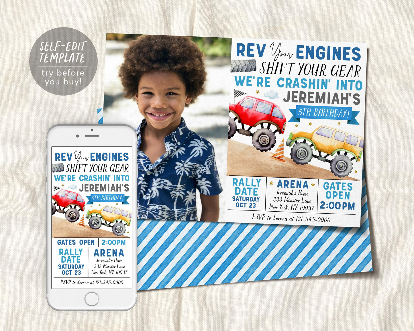 Monster Truck Birthday Invitation With Photo Editable Template