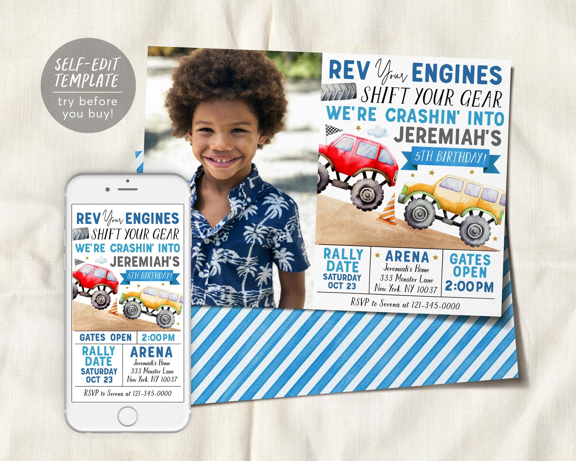 Monster Truck Birthday Invitation With Photo Editable Template