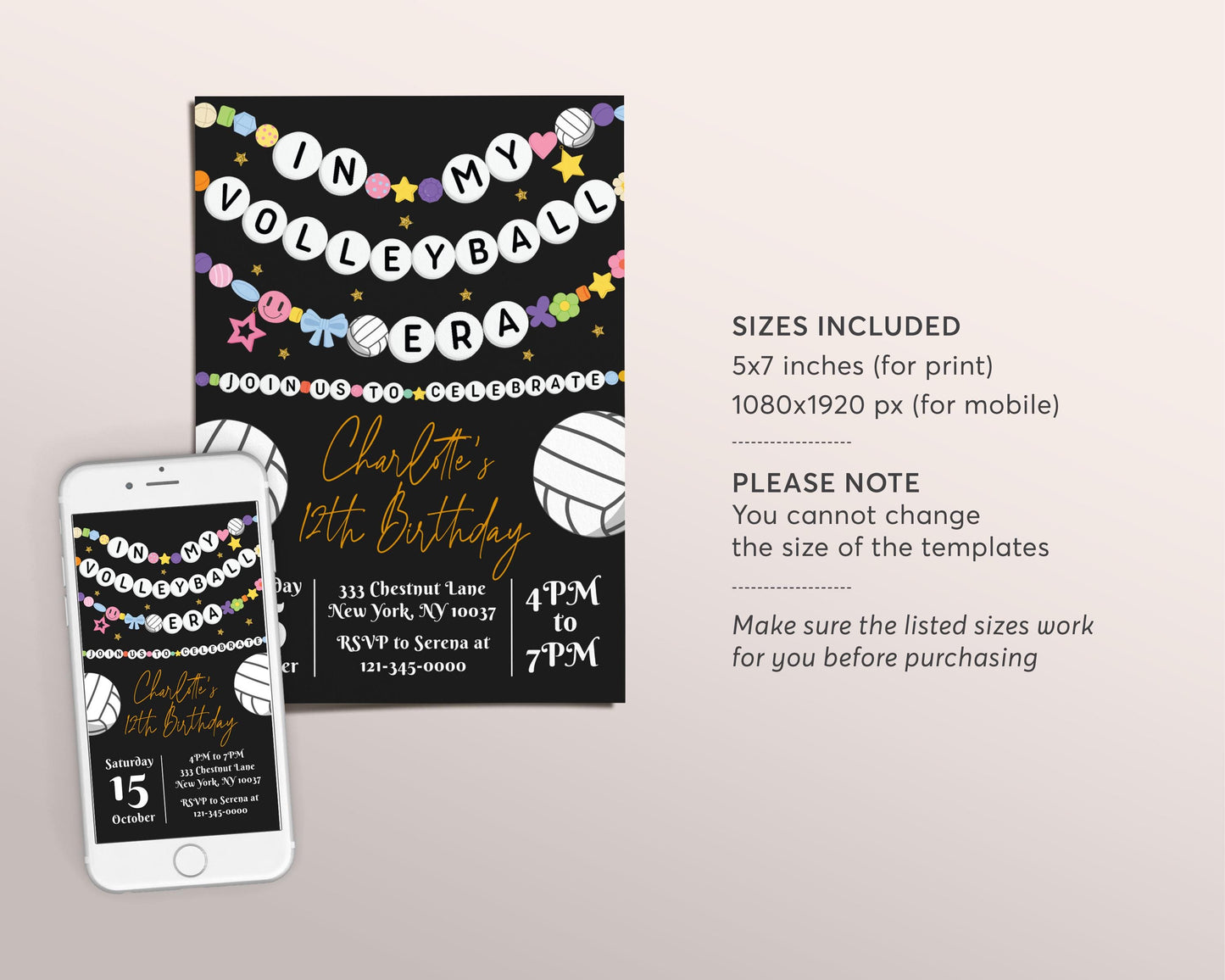 In My Volleyball Era Birthday Invitation Editable Template, Volleyball Friendship Bracelet Party Invite, Sports Game Black Gold Eras Evite