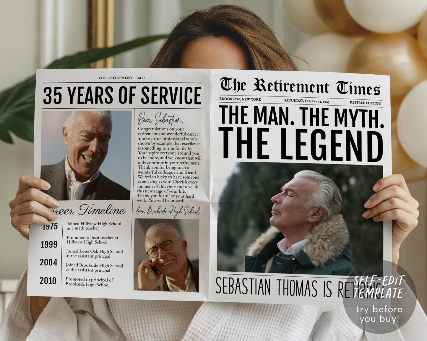 The Man The Myth The Legend Retirement Bouquet Wrap Editable Template, Retirement Party Newspaper Flower Wrap, Work Anniversary Poster Gift