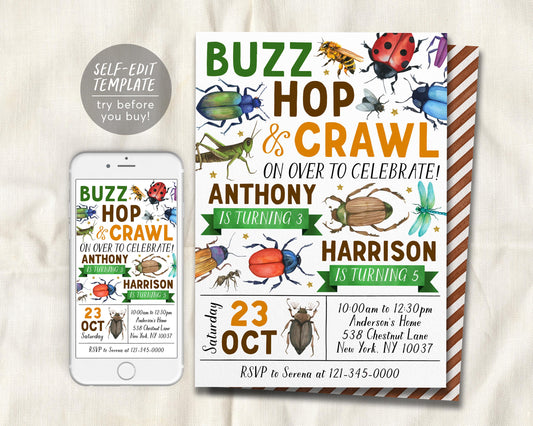 Insect Bugs Joint Siblings Birthday Invitation Editable Template
