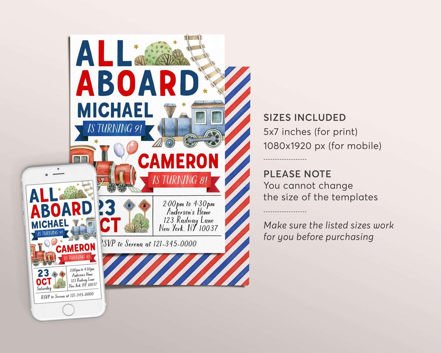 Train Joint Siblings Birthday Invitation Editable Template, Kids Twins Train Boarding Pass Party Invite, All Aboard Birthday Express Evite