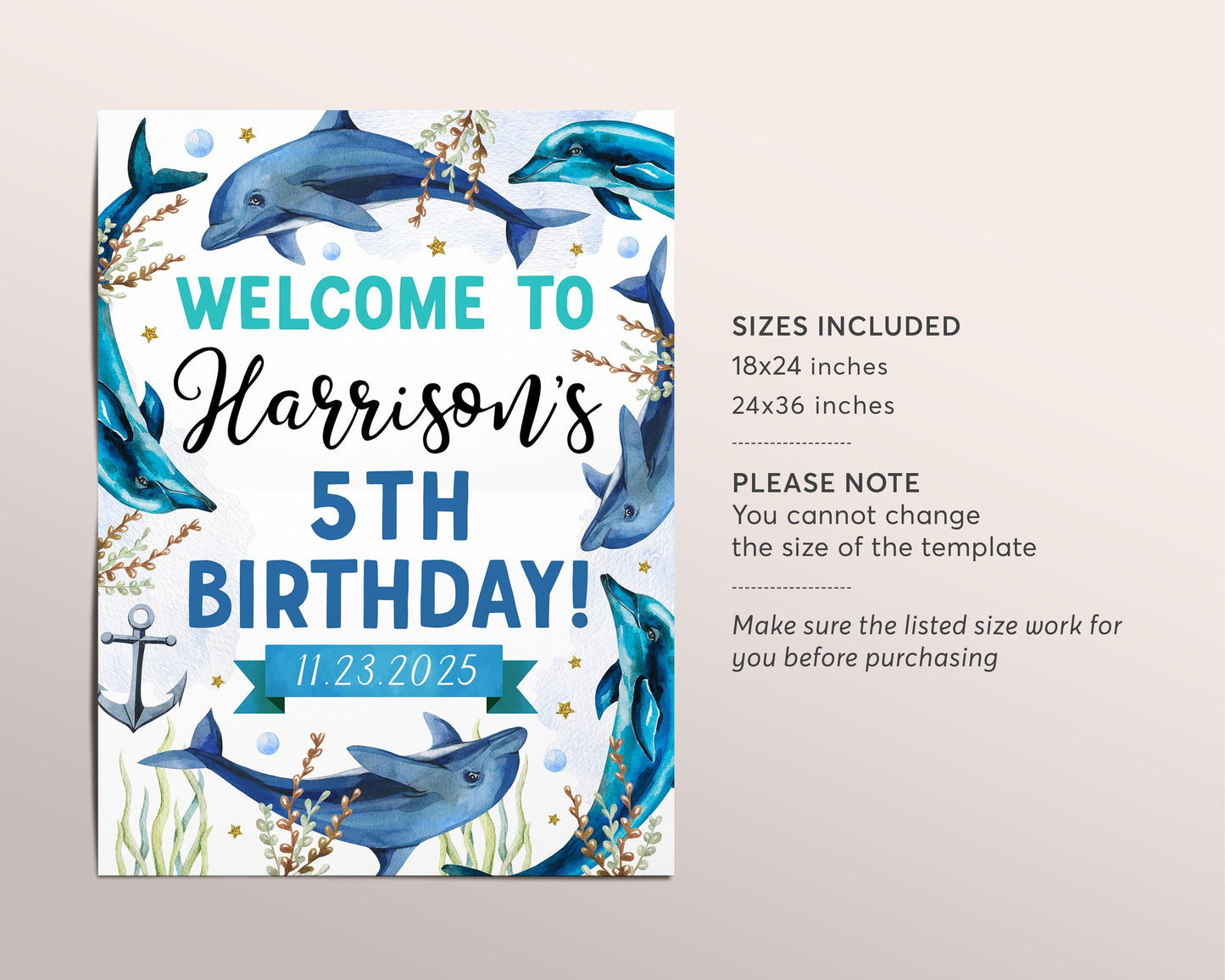 Dolphin Birthday Welcome Sign Editable Template, Boy Dolphin Under The Sea Underwater Party Poster, Swim On Over Ocean Aquarium Trip Decor