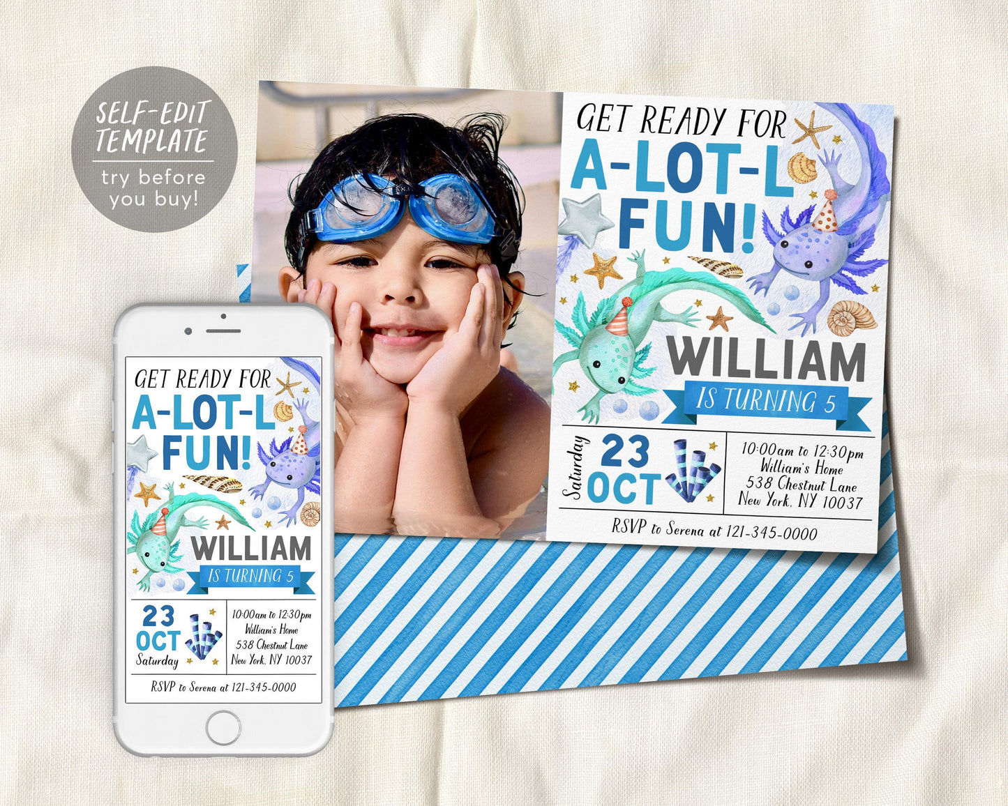 Axolotl Birthday Invitation With Photo Editable Template