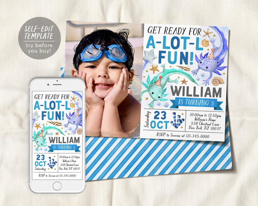 Axolotl Birthday Invitation With Photo Editable Template
