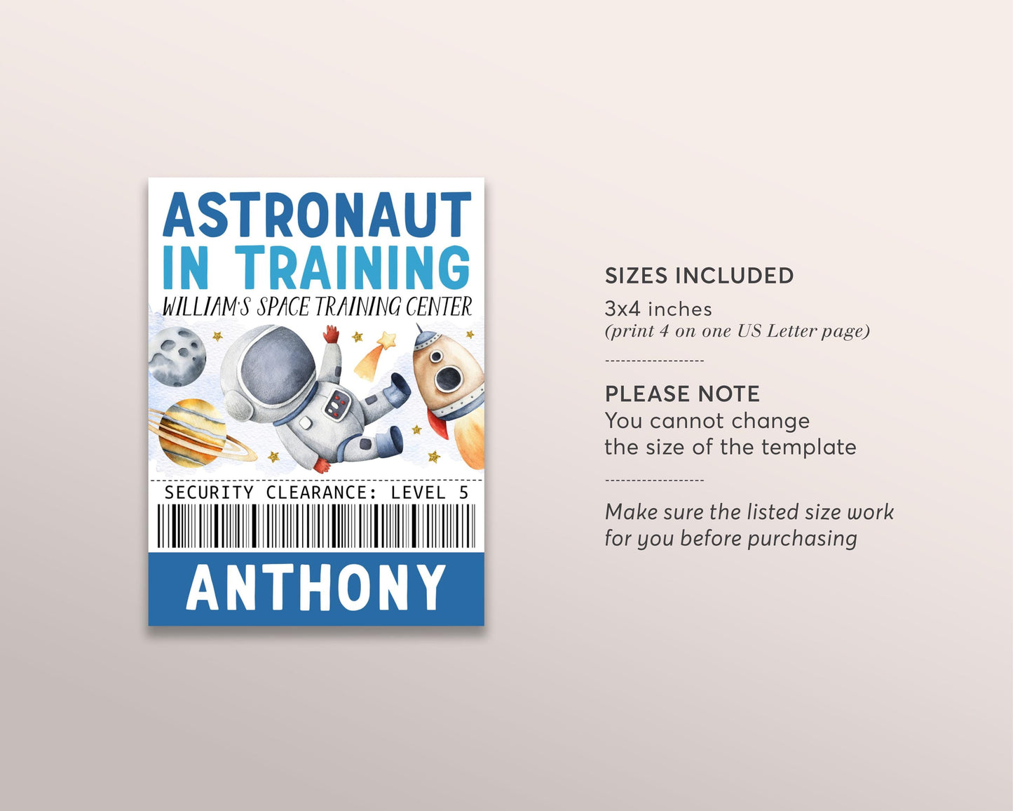 Outer Space Birthday All Star VIP Pass Editable Template, Boy Astronaut Solar Rocket Party All Access Pass, Guest Name Tag Insert ID Badge