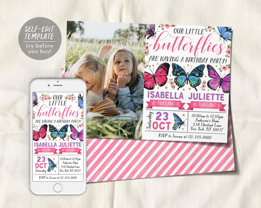 Butterfly Joint Siblings Birthday Invitation With Photo Editable Template